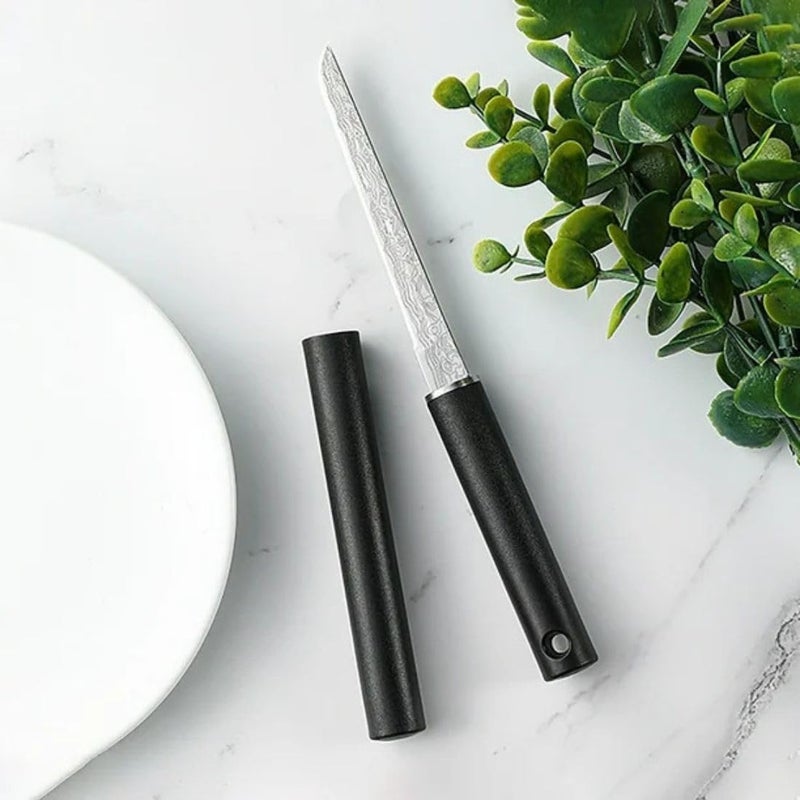 Fronitoola 3.8 Inch Ultra-Sharp Blade Knife with Stainless Steel, Damascus Pattern Blade Knife - Rust-Resistant, Durable & Portable, Multipurpose Fruit Knives with Sheath for Home (Pack of 1, Black) - Image 3