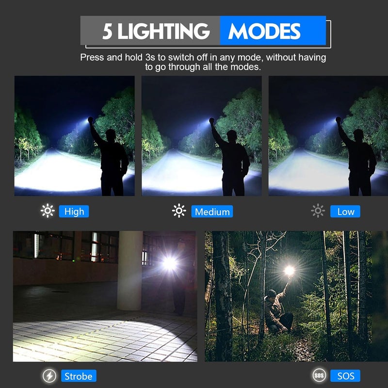 Shadowhawk Led Torch Light Rechargeable 10000 Lumens Flash Light Torch Light High Power XHP702 Powerful Charging Torch Long Range Torchlight high Beam Torch Light for Trekking Hunting Emergency - Image 5