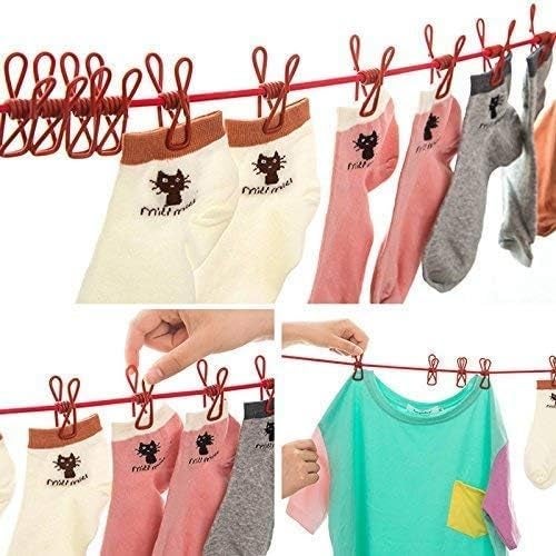 ALESSO Multi Functional Portable Drying Rope with 12 Clips and 2 Hooks Travel Clothesline Rope Clothes Hanging Hook Outdoor Indoor WindProof Clothesline Multicolour - Image 2