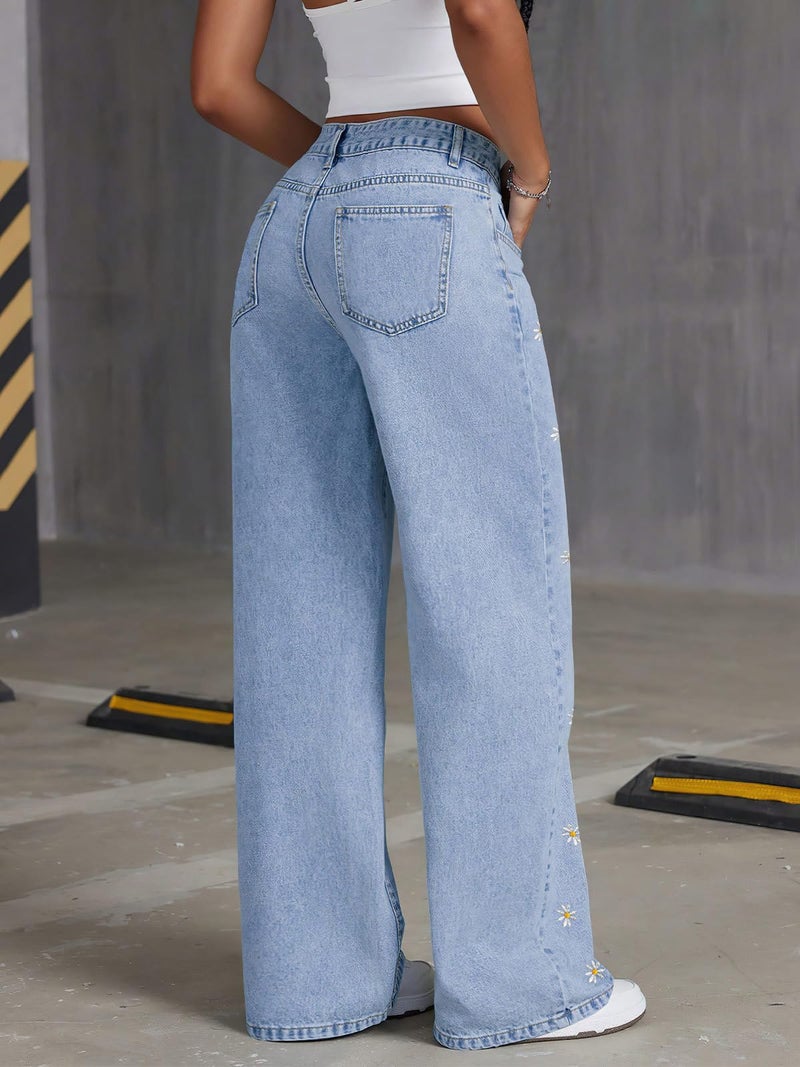 ebossy Womens Daisy Floral Embroidered Denim Pants Wide Leg High Waist Long Palazzo Trousers with Pockets (S, Light Blue) - Image 3