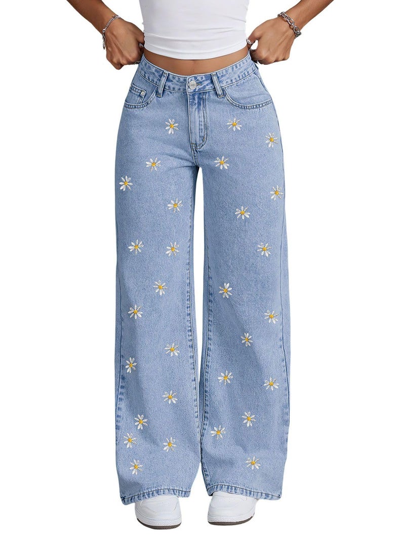 ebossy Womens Daisy Floral Embroidered Denim Pants Wide Leg High Waist Long Palazzo Trousers with Pockets (S, Light Blue) - Image 1