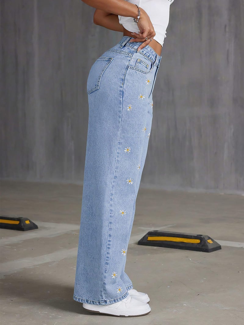 ebossy Womens Daisy Floral Embroidered Denim Pants Wide Leg High Waist Long Palazzo Trousers with Pockets (S, Light Blue) - Image 2