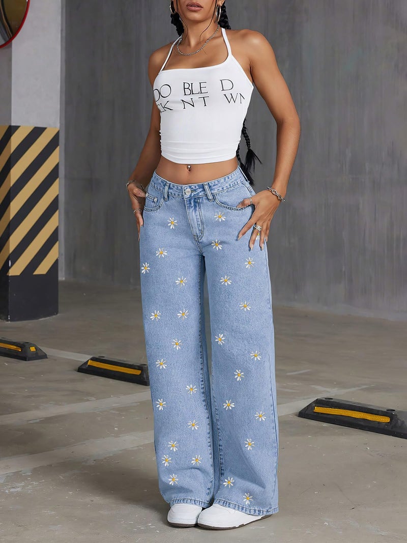 ebossy Womens Daisy Floral Embroidered Denim Pants Wide Leg High Waist Long Palazzo Trousers with Pockets (S, Light Blue) - Image 5