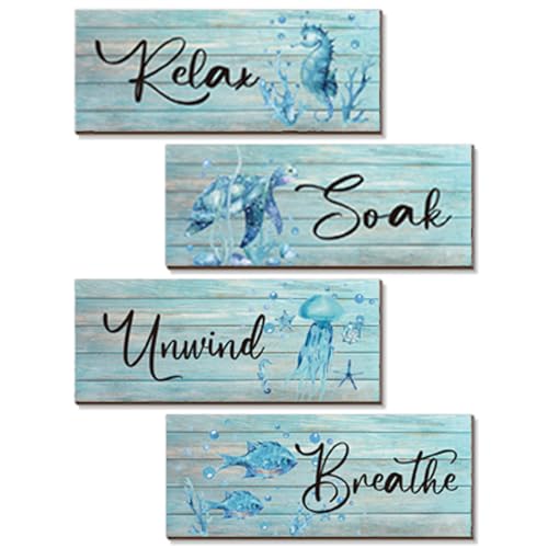 ZINYAZHE 4 Pieces Beach Theme Bathroom Decor Teal Sea Turtle Wall Art Funny Ocean Wooden Signs for Bathroom Bedroom Office Home Toilet Decoration(Teal Turtle 10x4 inch) - Image 1