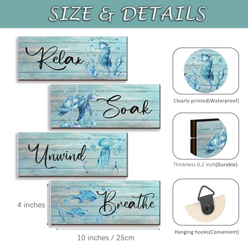ZINYAZHE 4 Pieces Beach Theme Bathroom Decor Teal Sea Turtle Wall Art Funny Ocean Wooden Signs for Bathroom Bedroom Office Home Toilet Decoration(Teal Turtle 10x4 inch) - Image 4