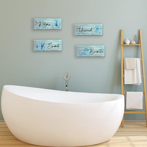 ZINYAZHE 4 Pieces Beach Theme Bathroom Decor Teal Sea Turtle Wall Art Funny Ocean Wooden Signs for Bathroom Bedroom Office Home Toilet Decoration(Teal Turtle 10x4 inch) - Image 5