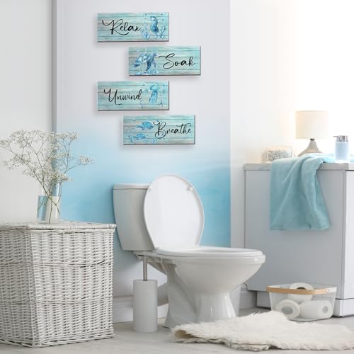 ZINYAZHE 4 Pieces Beach Theme Bathroom Decor Teal Sea Turtle Wall Art Funny Ocean Wooden Signs for Bathroom Bedroom Office Home Toilet Decoration(Teal Turtle 10x4 inch) - Image 3