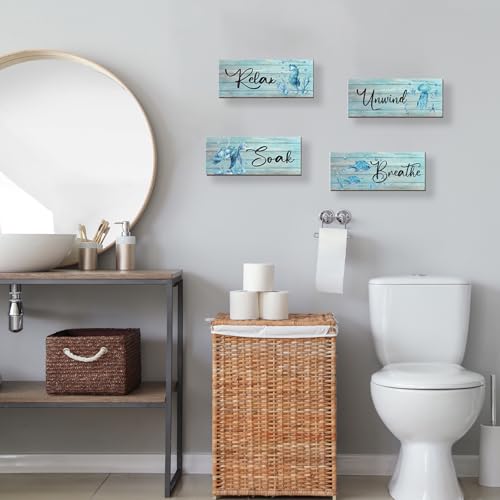 ZINYAZHE 4 Pieces Beach Theme Bathroom Decor Teal Sea Turtle Wall Art Funny Ocean Wooden Signs for Bathroom Bedroom Office Home Toilet Decoration(Teal Turtle 10x4 inch) - Image 2
