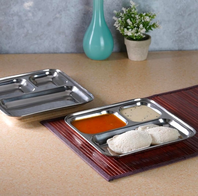 DARAZ Stainless Steel Plates with CompartmentsTiffin PlatesIdli Sambhar PlatesPartition PlatesBreakfast PlateSteel Plates for LunchDinner Pack of 2 Medium - Image 1