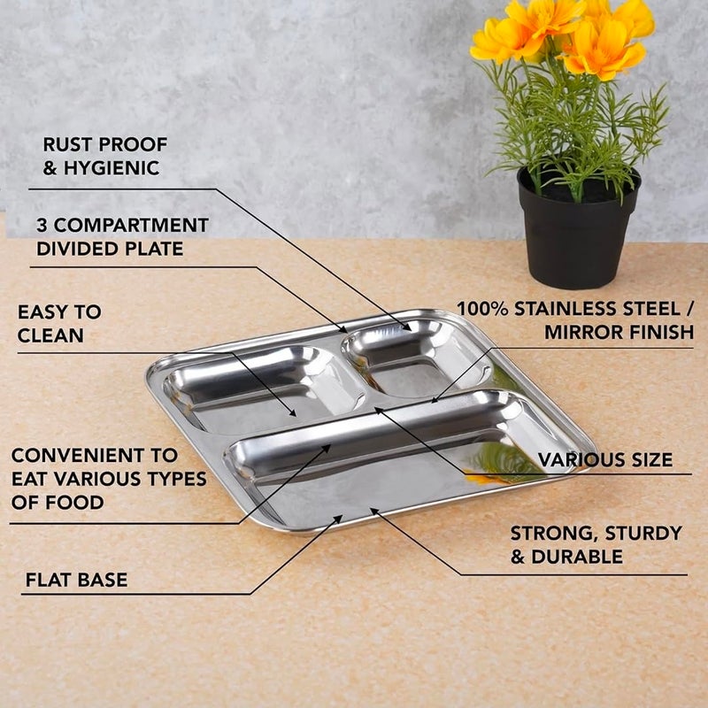 DARAZ Stainless Steel Plates with CompartmentsTiffin PlatesIdli Sambhar PlatesPartition PlatesBreakfast PlateSteel Plates for LunchDinner Pack of 2 Medium - Image 3