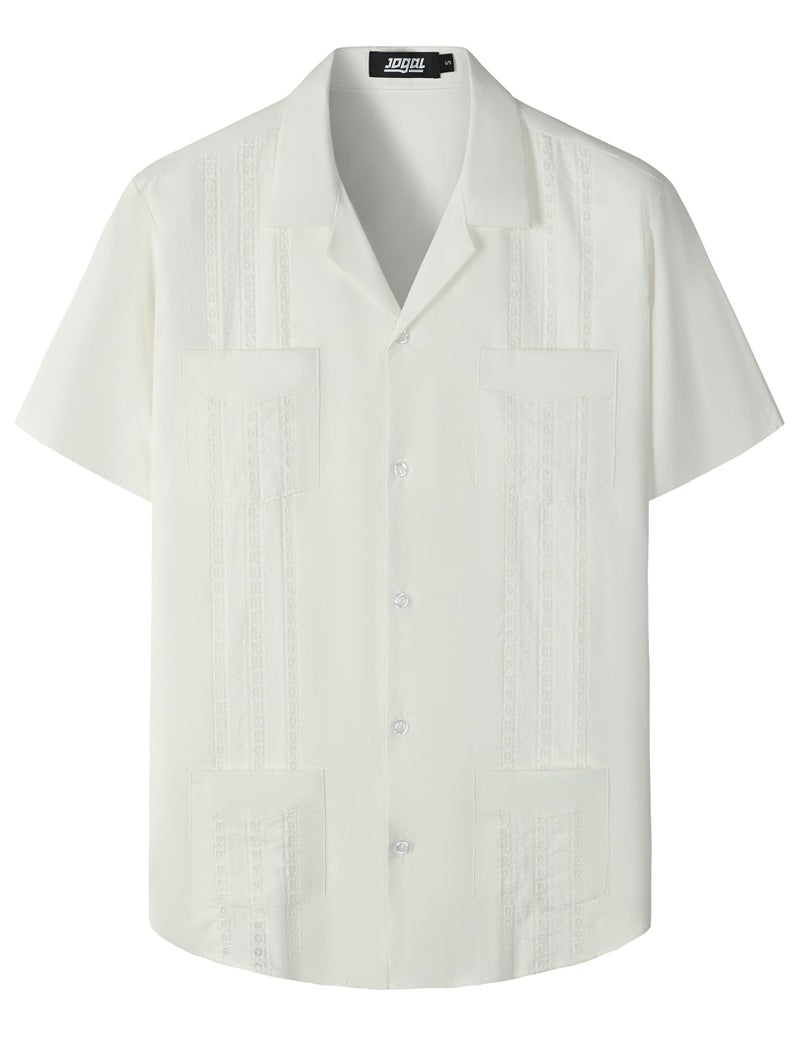 JOGAL Mens Guayabera Shirts Cuban Short Sleeve Casual Button Down Beach Shirt White Large - Image 1