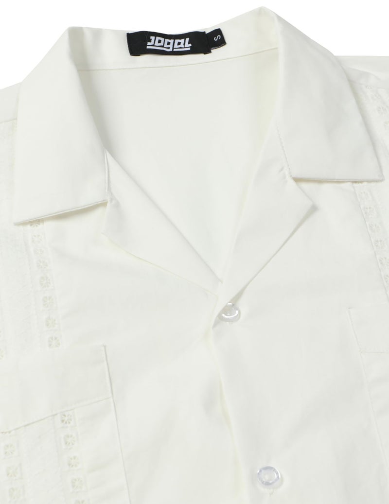 JOGAL Mens Guayabera Shirts Cuban Short Sleeve Casual Button Down Beach Shirt White Large - Image 4
