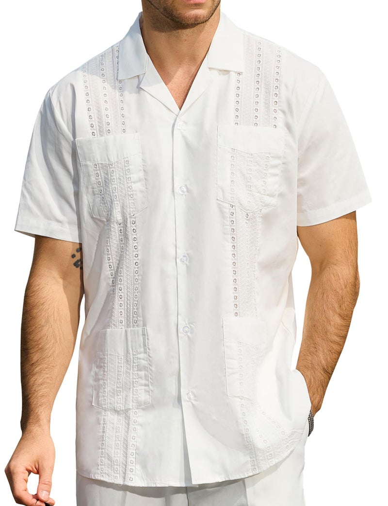 JOGAL Mens Guayabera Shirts Cuban Short Sleeve Casual Button Down Beach Shirt White Large - Image 2