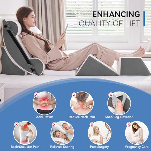 Negwoo Wedge Pillow Set for After Surgery, 7 PCS Bed Wedge Pillow for Sleeping, Memory Foam Orthopedic Back Pillow for Pain Relief and Acid Reflux, Adjustable Post Surgery Pillow Grey - Image 2