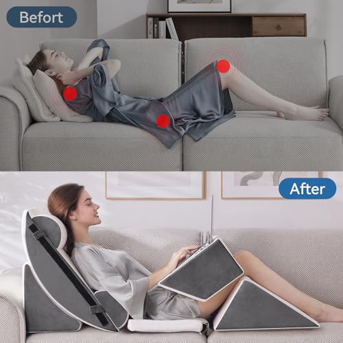 Negwoo Wedge Pillow Set for After Surgery, 7 PCS Bed Wedge Pillow for Sleeping, Memory Foam Orthopedic Back Pillow for Pain Relief and Acid Reflux, Adjustable Post Surgery Pillow Grey - Image 5