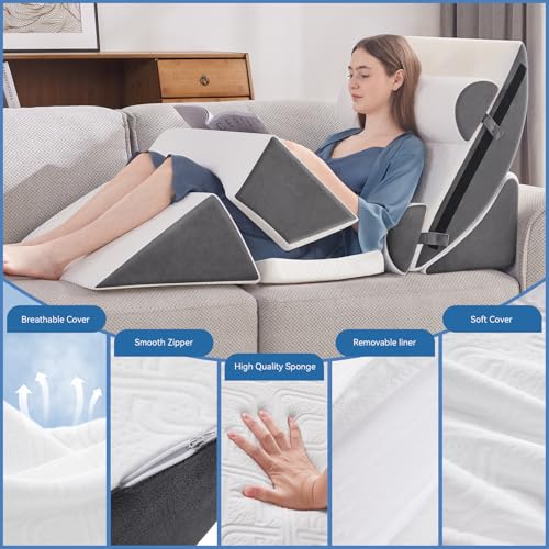 Negwoo Wedge Pillow Set for After Surgery, 7 PCS Bed Wedge Pillow for Sleeping, Memory Foam Orthopedic Back Pillow for Pain Relief and Acid Reflux, Adjustable Post Surgery Pillow Grey - Image 4