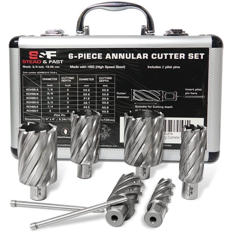 SF STEAD FAST Annular Cutter Set 2 inch Depth of Cut 78 118 114 112 134 2 Cutting Diameter 34 Weldon Shank Mag Drill Bits Kit for Magnetic Drill Press
