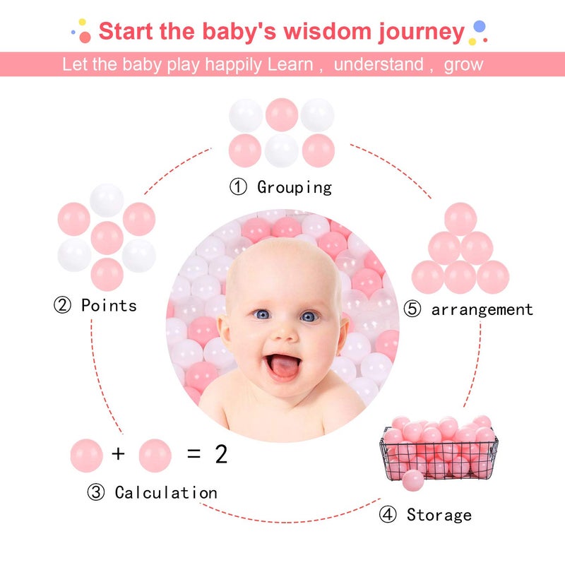 TRENDBOX Ball Pit Balls 100 - Macaron Colors Pit Balls Non-Toxic Free BPA Soft Plastic Balls for Ball Pit Play Tent Baby Playhouse Pool Birthday Party Decoration (C-Pink, White&Clear) - Image 3