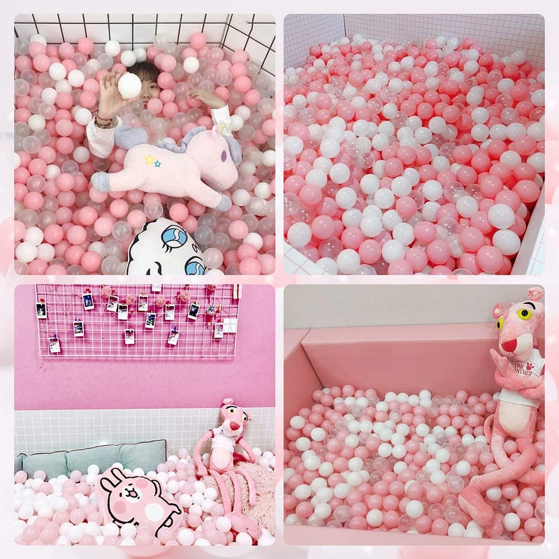 TRENDBOX Ball Pit Balls 100 - Macaron Colors Pit Balls Non-Toxic Free BPA Soft Plastic Balls for Ball Pit Play Tent Baby Playhouse Pool Birthday Party Decoration (C-Pink, White&Clear) - Image 5