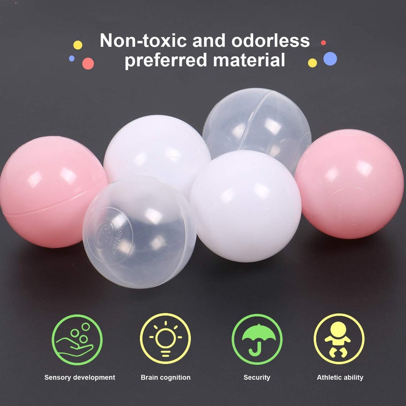 TRENDBOX Ball Pit Balls 100 - Macaron Colors Pit Balls Non-Toxic Free BPA Soft Plastic Balls for Ball Pit Play Tent Baby Playhouse Pool Birthday Party Decoration (C-Pink, White&Clear) - Image 4
