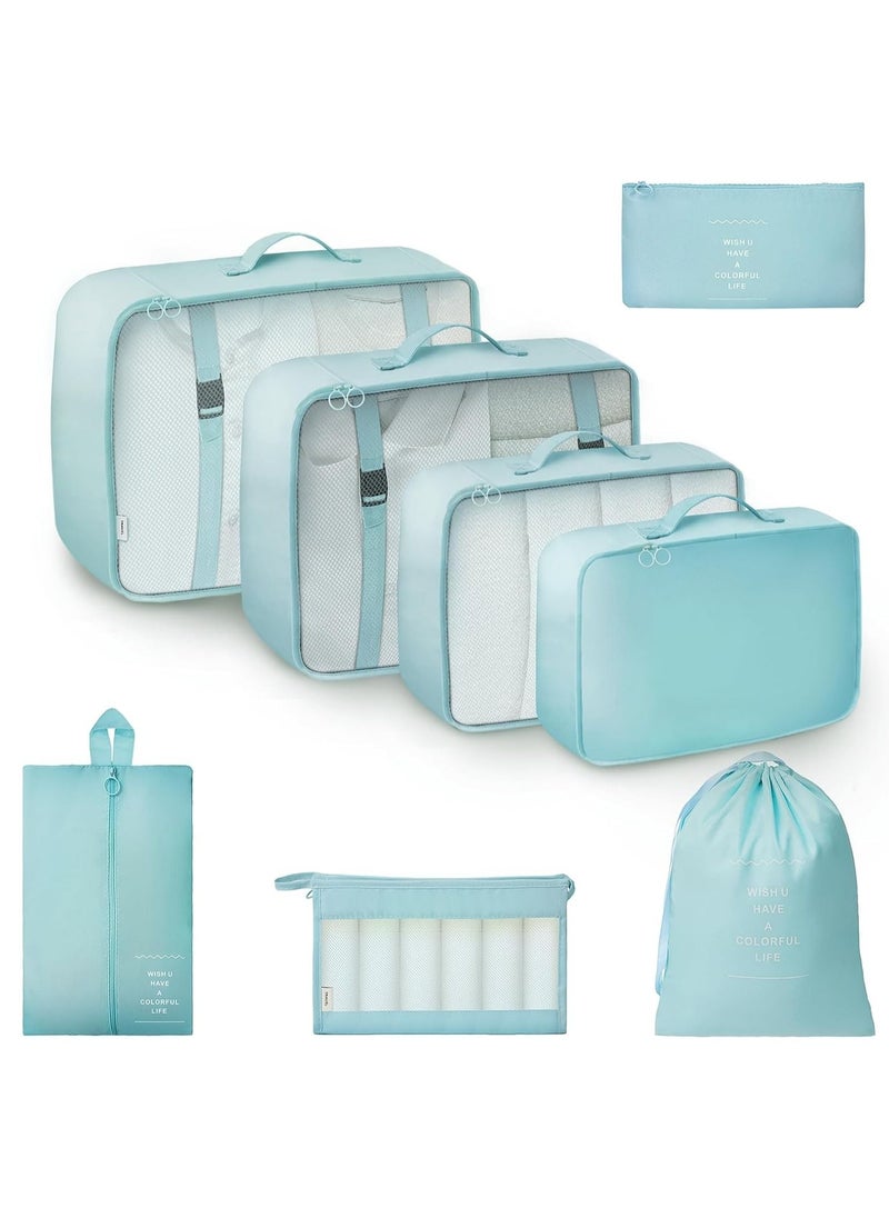 Swift 8 Set Packing Cubes for Suitcases, Travel Luggage Packing Organizers with Laundry Bag, Compression Storage Shoe Bag, Clothing Underwear Bag, for Man and Women, Sky Blue  - Image 1