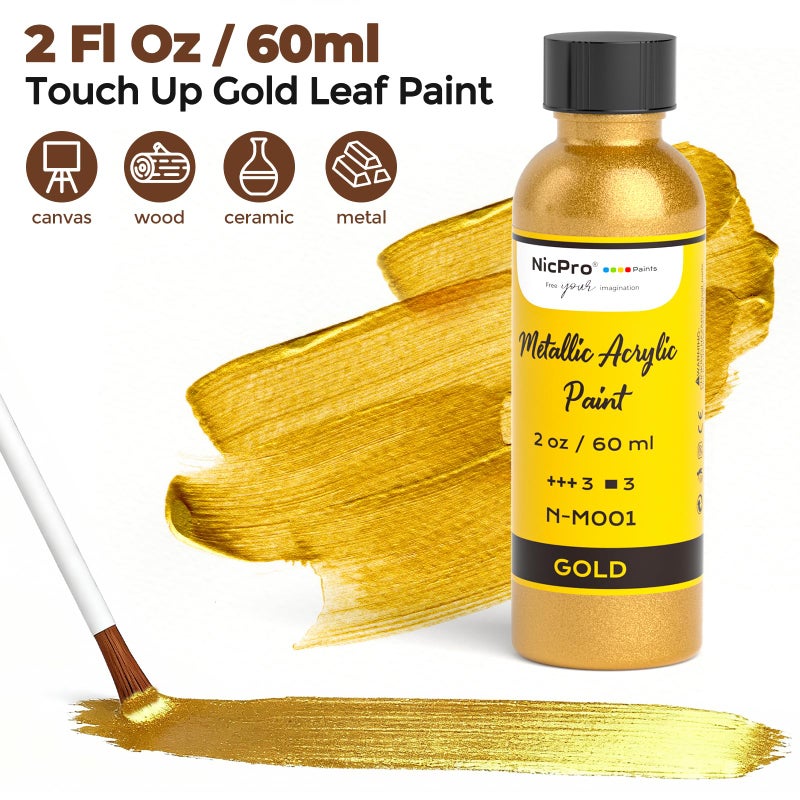 Nicpro Gold Leaf Paint - 2oz/60ml Metallic Gold Acrylic Paint, Water-Based Non Toxic Non Fading Touch Up Paints for Crafts, Metal, Wood, Clay, Canvas, Furniture, Handcrafts, Art Supplies - Image 2