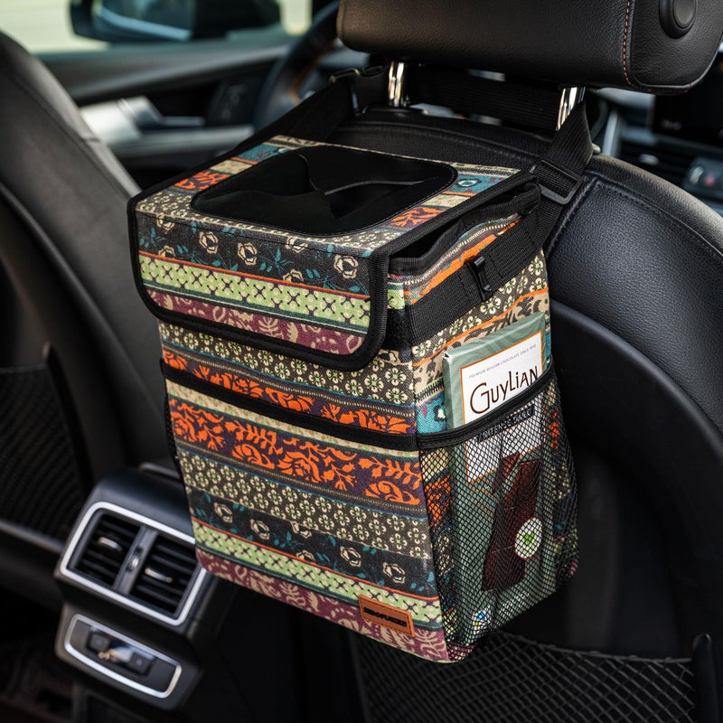 SIBOFUEGO Car Garbage Can Cute - Leak-Proof Car Trash Can with Lid and Storage Pockets, Car Trash Bin for Men and Women, Boho Aztec Essentials: Must-Have Car Interior Accessories (Boho Carnival) - Image 1