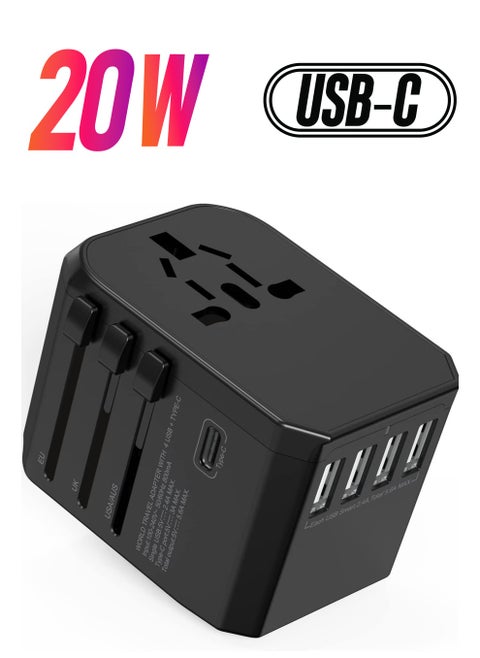 Universal Adapter with Power Socket Plugs and Plug Adaptor with 3 Ultra-Fast USB  Port and 1 Brisk USB Type C Port (Black) with  20W Dual Port USB C PD Fast ChargerUSB C to Lightning Cable