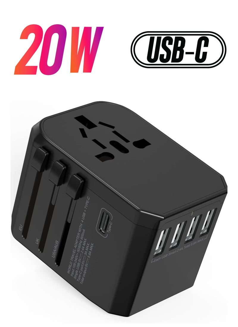 ELTRAZONE - Universal Adapter with Power Socket Plugs and Plug Adaptor with 3 Ultra-Fast USB  Port and 1 Brisk USB Type C Port (Black) with  20W Dual Port USB C PD Fast ChargerUSB C to Lightning Cable - Image 1