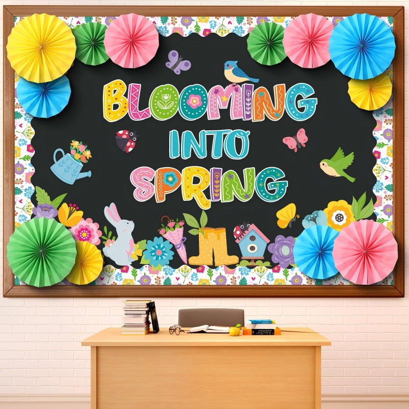 Eersida Spring Easter Bulletin Board Decorations with Paper Fans 3D Christian Classroom Bulletin Board St Patricks Day Flower Bunny Cutouts School VBS Library Church Window Wall Decor(Spring) - Image 1