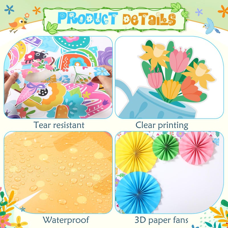 Eersida Spring Easter Bulletin Board Decorations with Paper Fans 3D Christian Classroom Bulletin Board St Patricks Day Flower Bunny Cutouts School VBS Library Church Window Wall Decor(Spring) - Image 3