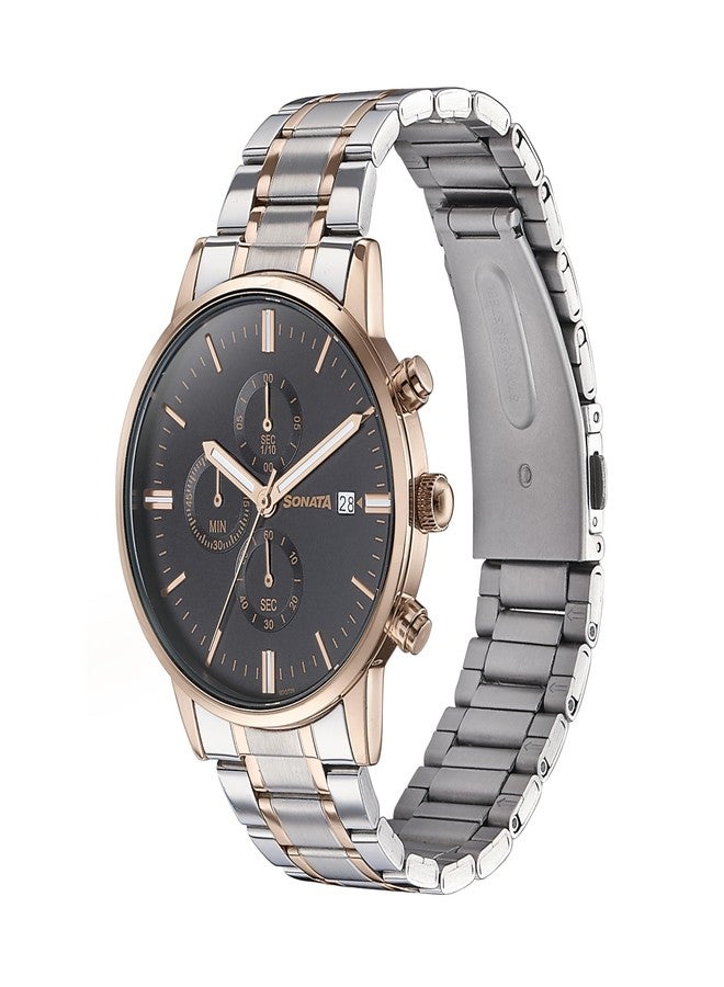 Sonata Quartz Multifunction Black Dial Black Stainless Steel Strap Watch for Men - Image 3
