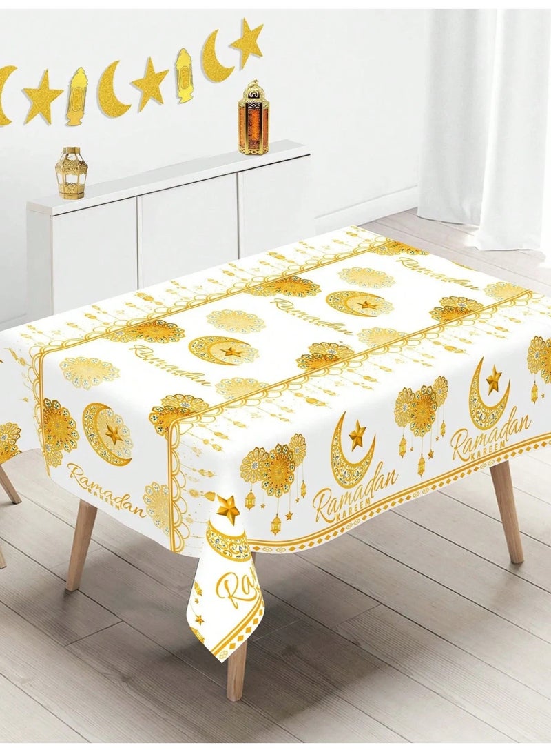 زينه مرضان مفرش طاوله بلاستيكي للاستخدام الواحد بتصميم هلال رمضان و عبارة رمضان كريم يضيف لمسة فاخرة ومميزة لطاولة الافطار والسحور في رمضان مقاس 220*130 - Image 1