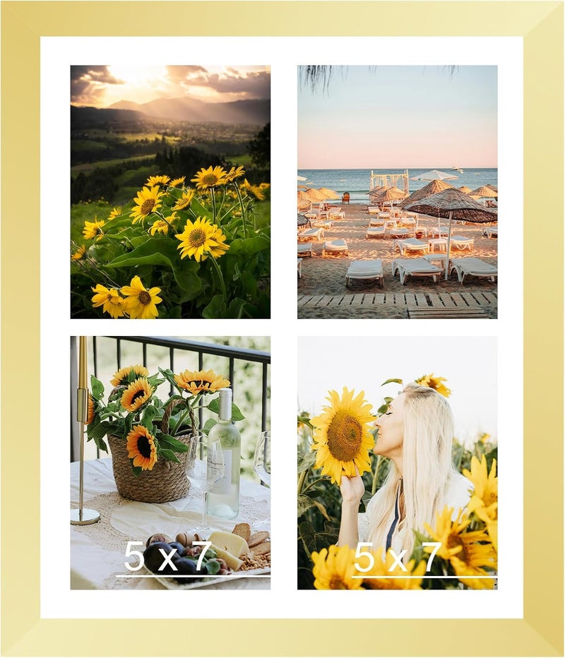 JCJMY إطار صور مجمّع 12x16 مع حصيرة، يعرض 4 قطع من صور بحجم 5x7 أو صورة بحجم 12x16، إطار صور مجمّع بأربع فتحات بحجم 5x7 للتعليق على الحائط، إطار صور متعدد خفيف الوزن 5x7، ذهبي - Image 1