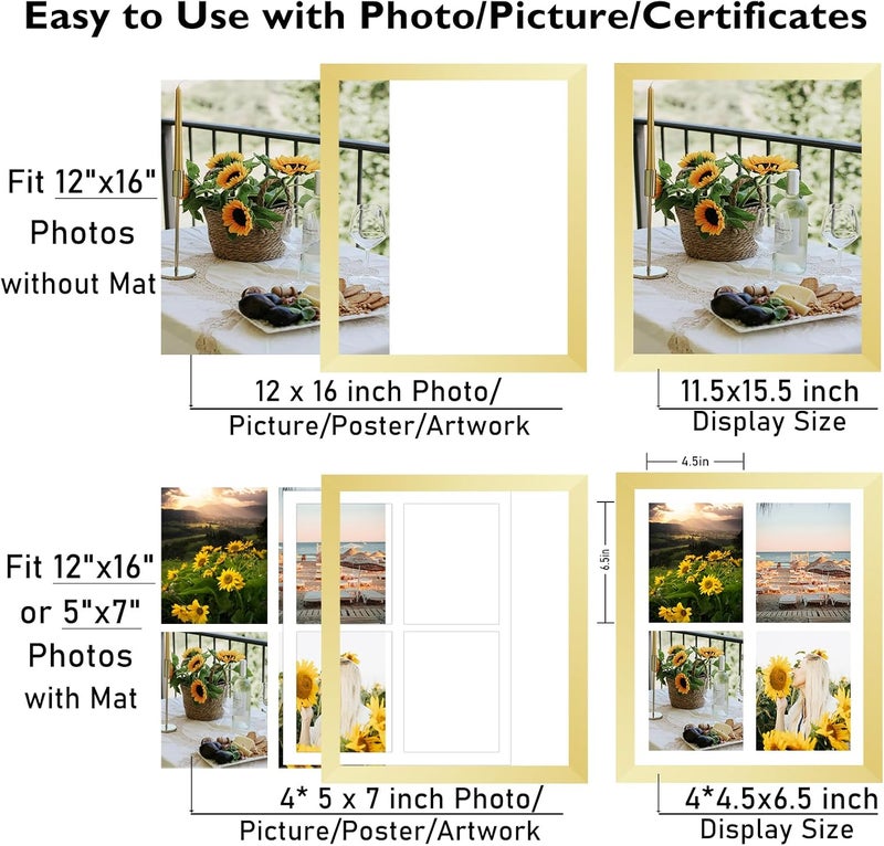 JCJMY إطار صور مجمّع 12x16 مع حصيرة، يعرض 4 قطع من صور بحجم 5x7 أو صورة بحجم 12x16، إطار صور مجمّع بأربع فتحات بحجم 5x7 للتعليق على الحائط، إطار صور متعدد خفيف الوزن 5x7، ذهبي - Image 3