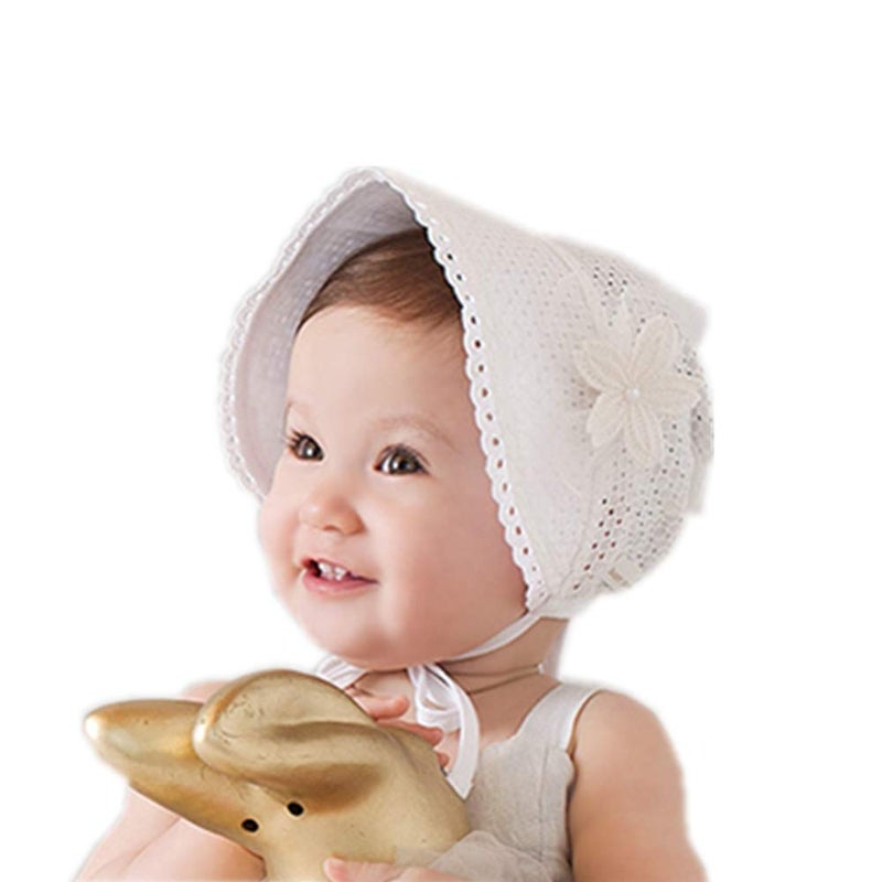 XYX Baby Girl Toddlers Breathable Lacy Bonnet Eyelet Cotton Adjustable Sun Protection Hat White - Image 2