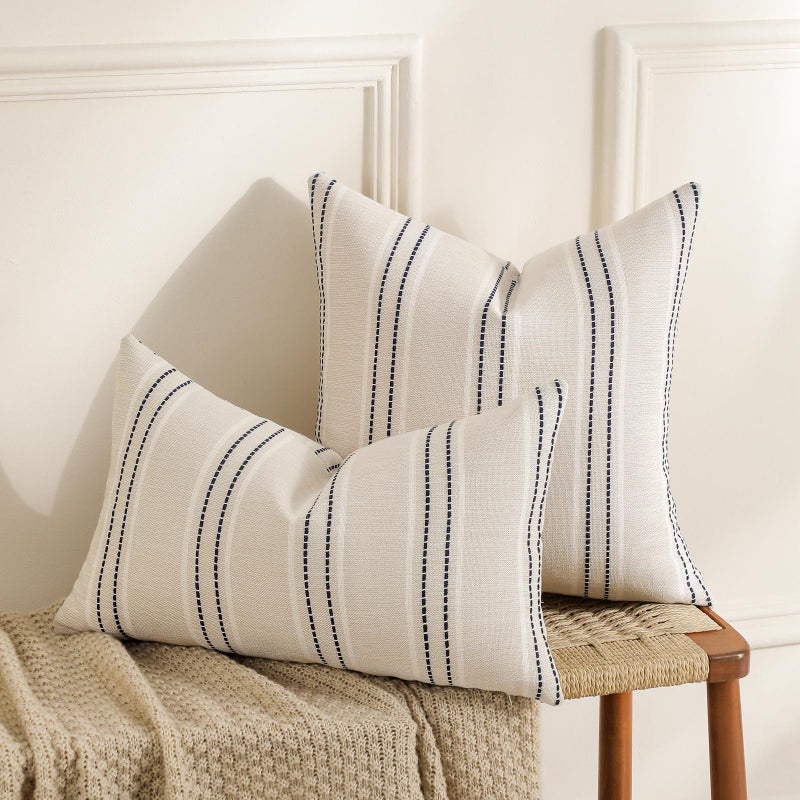 Hckot Throw Pillow Covers 20x20 Set of 2 Striped Pillow Covers Textured Linen Decorative Pillows Square Cushion Covers for Sofa Couch Bed Living Room Farmhouse Decor, Navy - Image 4