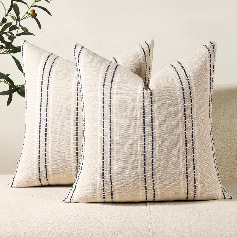 Hckot Throw Pillow Covers 20x20 Set of 2 Striped Pillow Covers Textured Linen Decorative Pillows Square Cushion Covers for Sofa Couch Bed Living Room Farmhouse Decor, Navy - Image 1