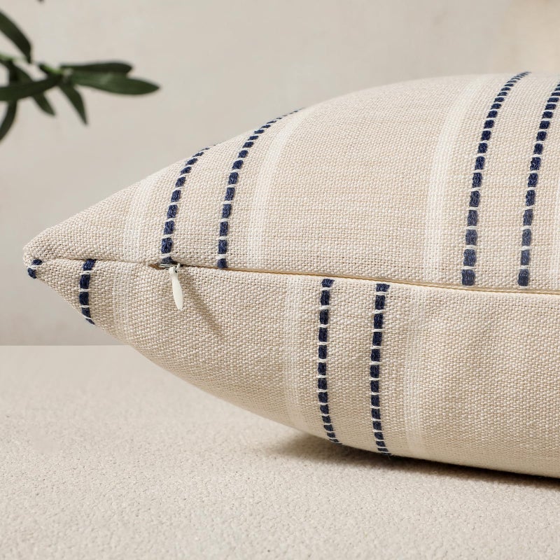Hckot Throw Pillow Covers 20x20 Set of 2 Striped Pillow Covers Textured Linen Decorative Pillows Square Cushion Covers for Sofa Couch Bed Living Room Farmhouse Decor, Navy - Image 2