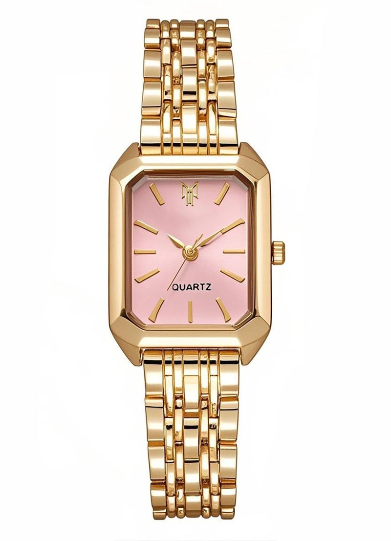 BESTKANG Watches for Women Wrist Watches Steel Strap Womens Watch Casual Fashion Simple Square Quartz Wristwatch (Gold-Pink) - Image 1