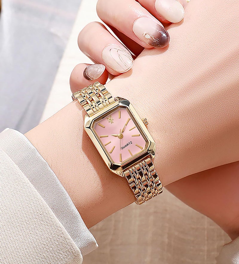 BESTKANG Watches for Women Wrist Watches Steel Strap Womens Watch Casual Fashion Simple Square Quartz Wristwatch (Gold-Pink) - Image 2