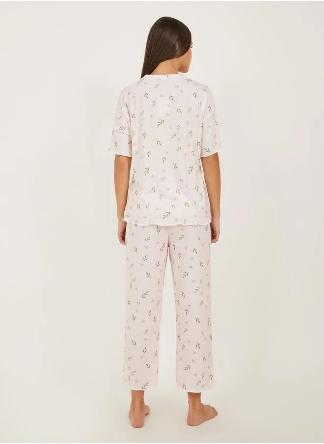 Styli Floral Print Lettuce Edge Hem T-Shirt and Capri Pyjama Set