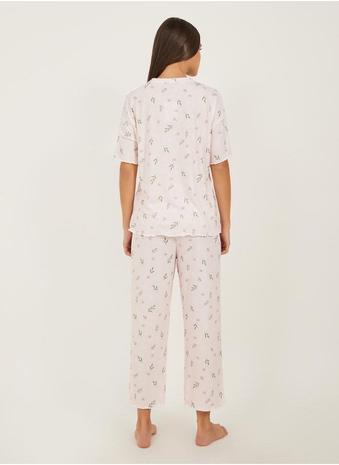 Styli - Floral Print Lettuce Edge Hem T-Shirt and Capri Pyjama Set - Image 1
