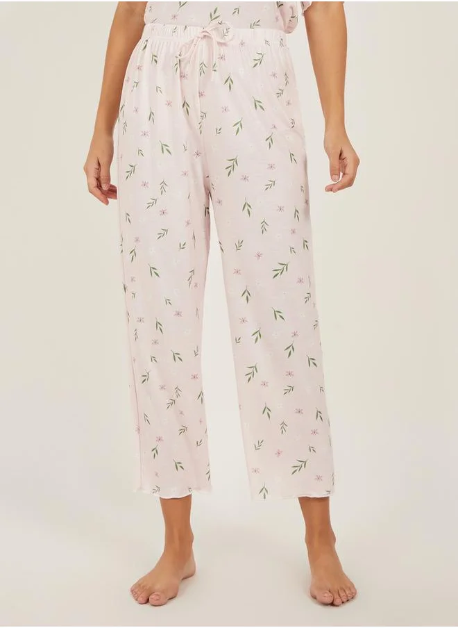 Styli Floral Print Lettuce Edge Hem T-Shirt and Capri Pyjama Set