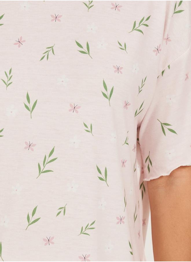 Styli - Floral Print Lettuce Edge Hem T-Shirt and Capri Pyjama Set - Image 1