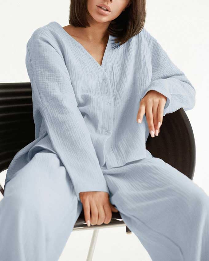 codcm Womens Cotton Gauze Loungewear Sets Casual 2 Piece Sleepwear Button Down Shirt and Wide Leg Pants Outfits(Gray,Large) - Image 2