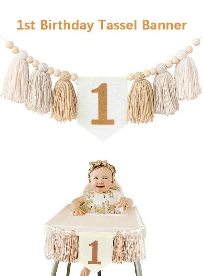 Wffo 1 PCS High Chair Birthday Banner - Handmade Boho 1st Birthday High Chair Banner for Baby Wall Hangings Wood Bead Tassel Garland First Birthday Party Decorations Photoshoot Props - Light Brown - Image 1