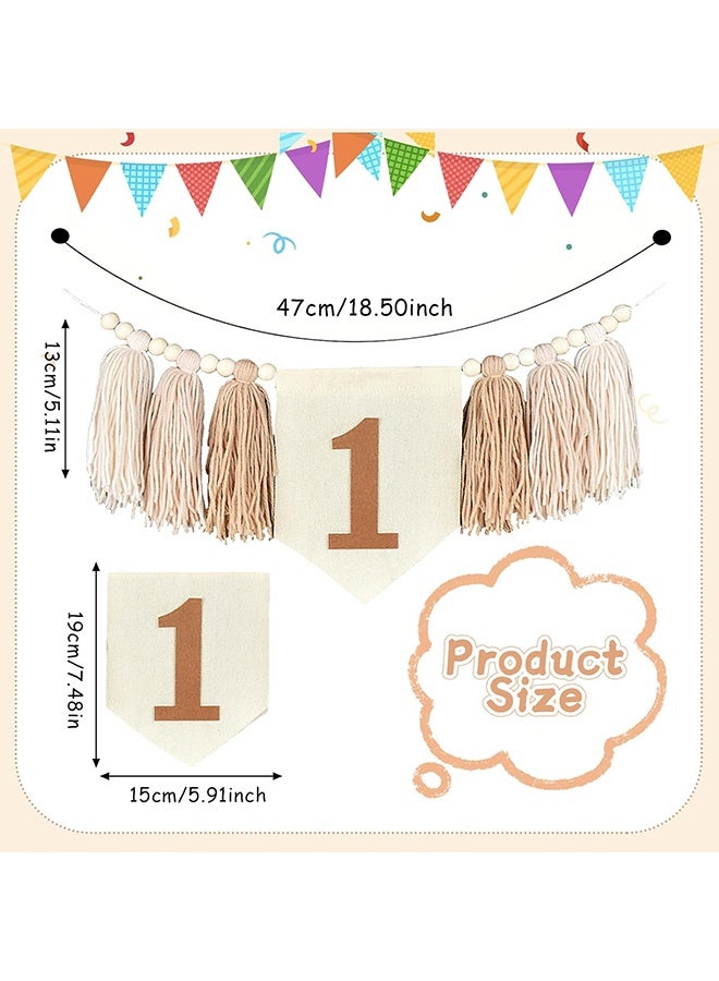 Wffo 1 PCS High Chair Birthday Banner - Handmade Boho 1st Birthday High Chair Banner for Baby Wall Hangings Wood Bead Tassel Garland First Birthday Party Decorations Photoshoot Props - Light Brown - Image 2