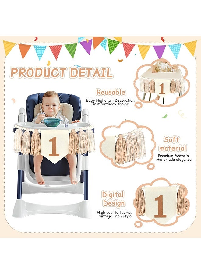 Wffo 1 PCS High Chair Birthday Banner - Handmade Boho 1st Birthday High Chair Banner for Baby Wall Hangings Wood Bead Tassel Garland First Birthday Party Decorations Photoshoot Props - Light Brown - Image 3