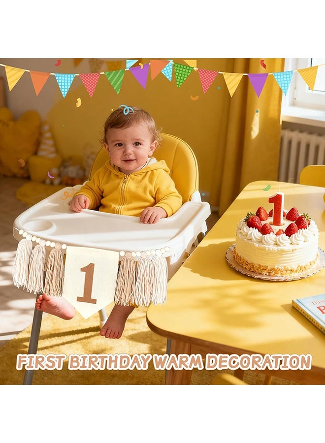 Wffo 1 PCS High Chair Birthday Banner - Handmade Boho 1st Birthday High Chair Banner for Baby Wall Hangings Wood Bead Tassel Garland First Birthday Party Decorations Photoshoot Props - Light Brown - Image 4